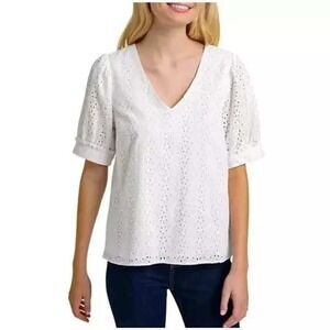Eyelet Puff Sleeve‎ Top V-Neck Short Sleeve Blouse White Summer Size XXL /#5412